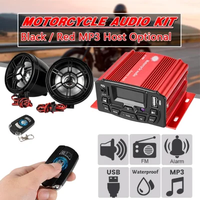 12V Motorcycle Red Sound System SD USB MP3 Motorcycle Bluetooth Audio Remote Control Stereo 2 Speakers Waterproof FM Radio